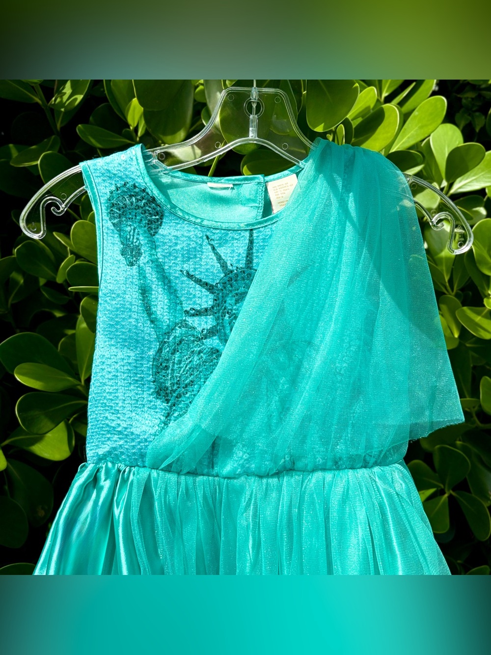 Girls Teal Blue Statue Of Liberty Dress Gown Size M Satin Tulle Sequins Costume - Picture 7 of 12